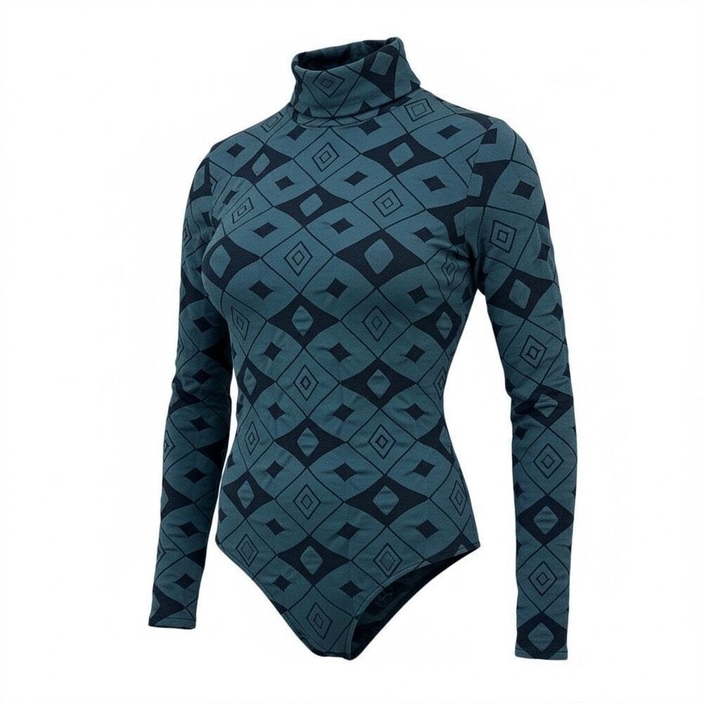 Vintage Coogi Australia Mockneck Bodysuit Size Medium Blue Geometric Long Sleeve